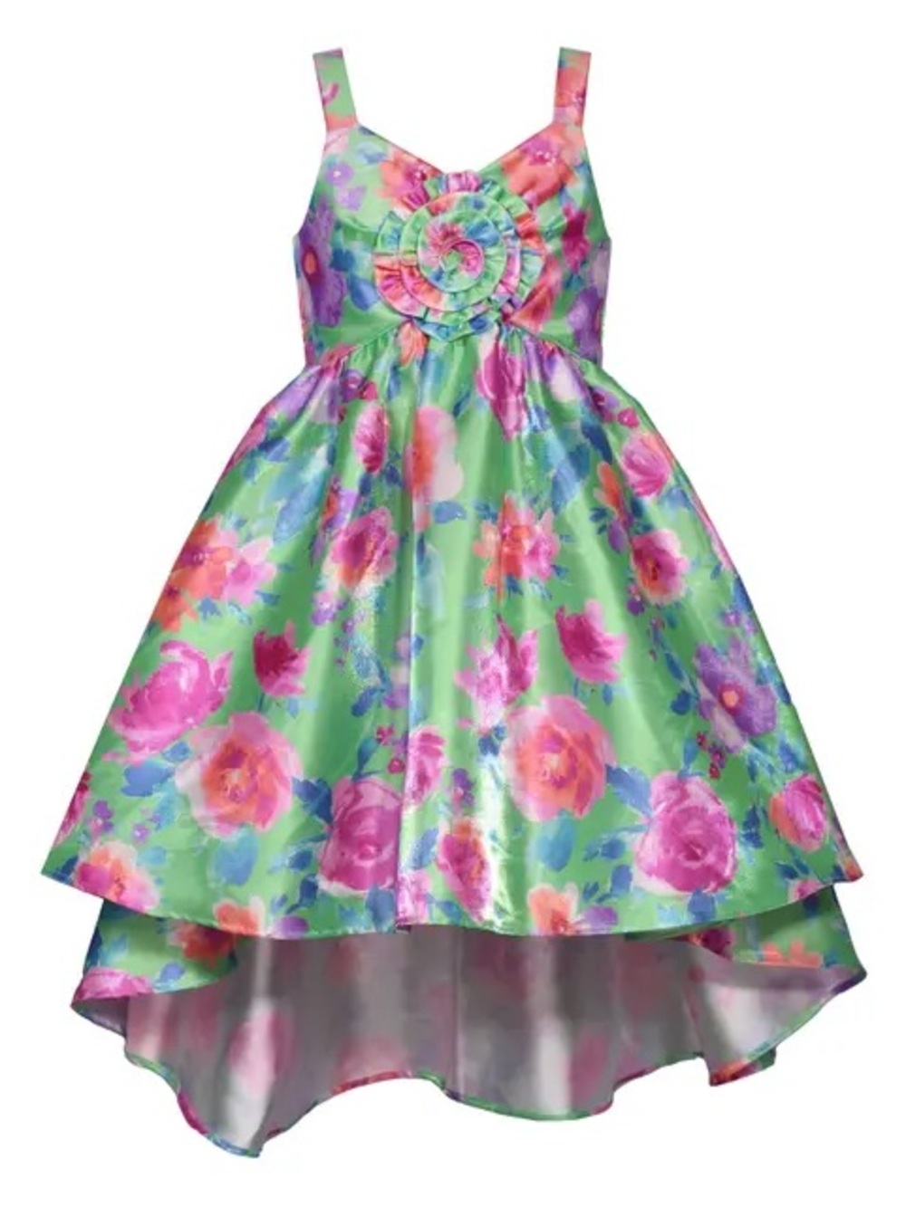 iris & ivy Green Floral High-Low Party Dress with Rosette